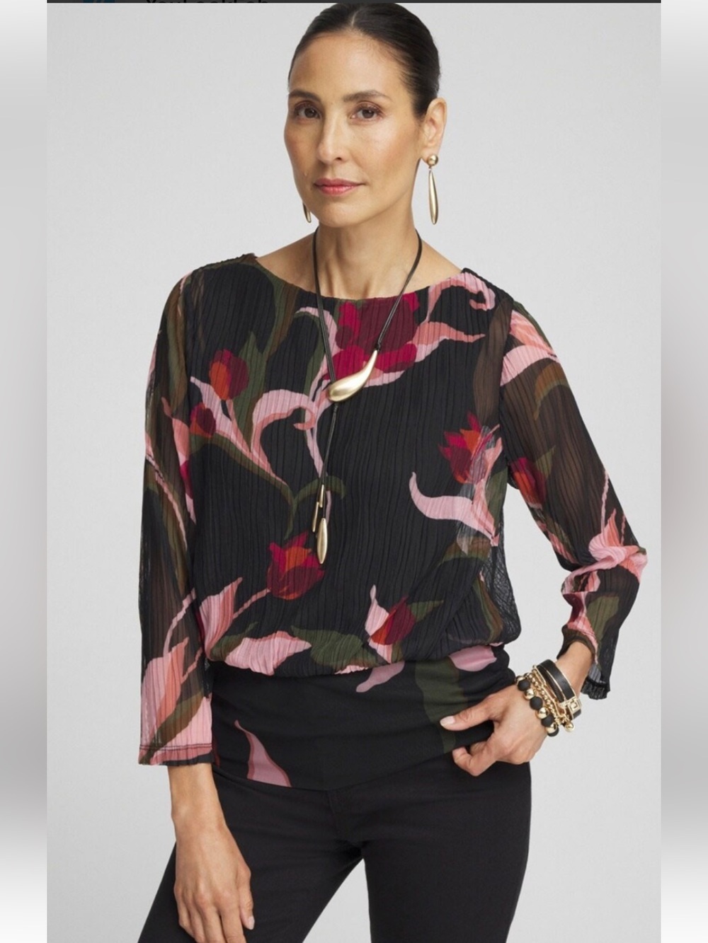 Chicos Floral Pleated Black Blouse with Pink & Red Accents SZ 2/L